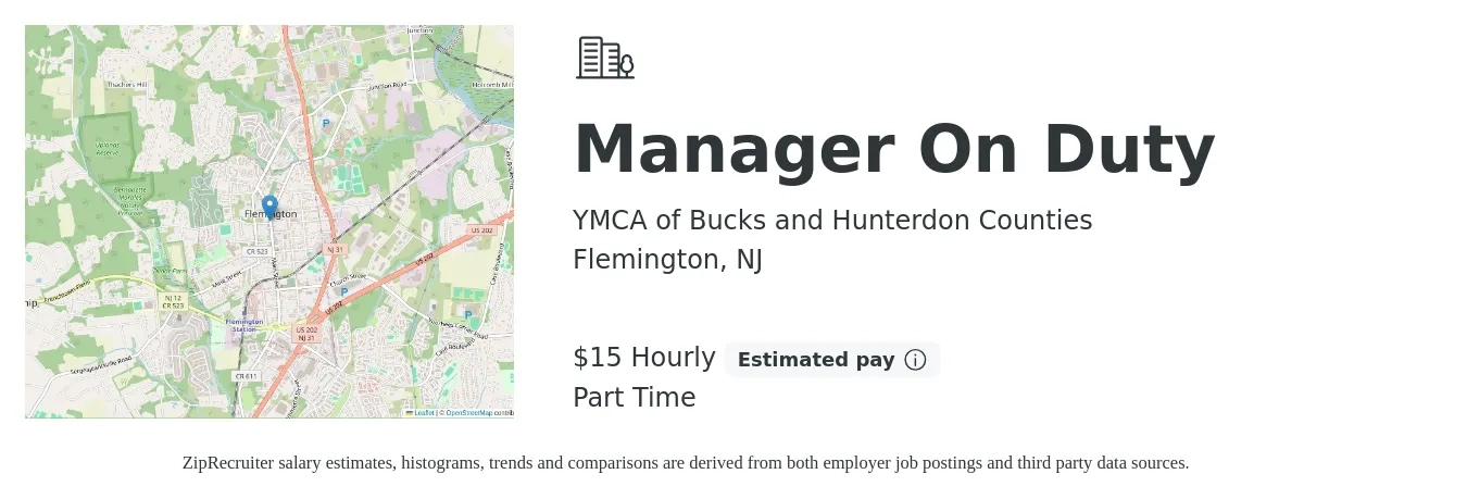 YMCA of Bucks and Hunterdon Counties job posting for a Manager On Duty in Flemington, NJ with a salary of $16 Hourly with a map of Flemington location.