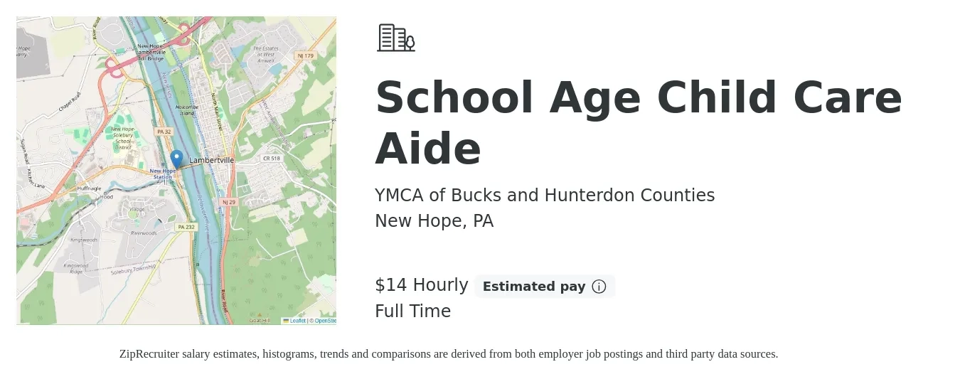 YMCA of Bucks and Hunterdon Counties job posting for a School Age Child Care Aide in New Hope, PA with a salary of $16 Hourly with a map of New Hope location.