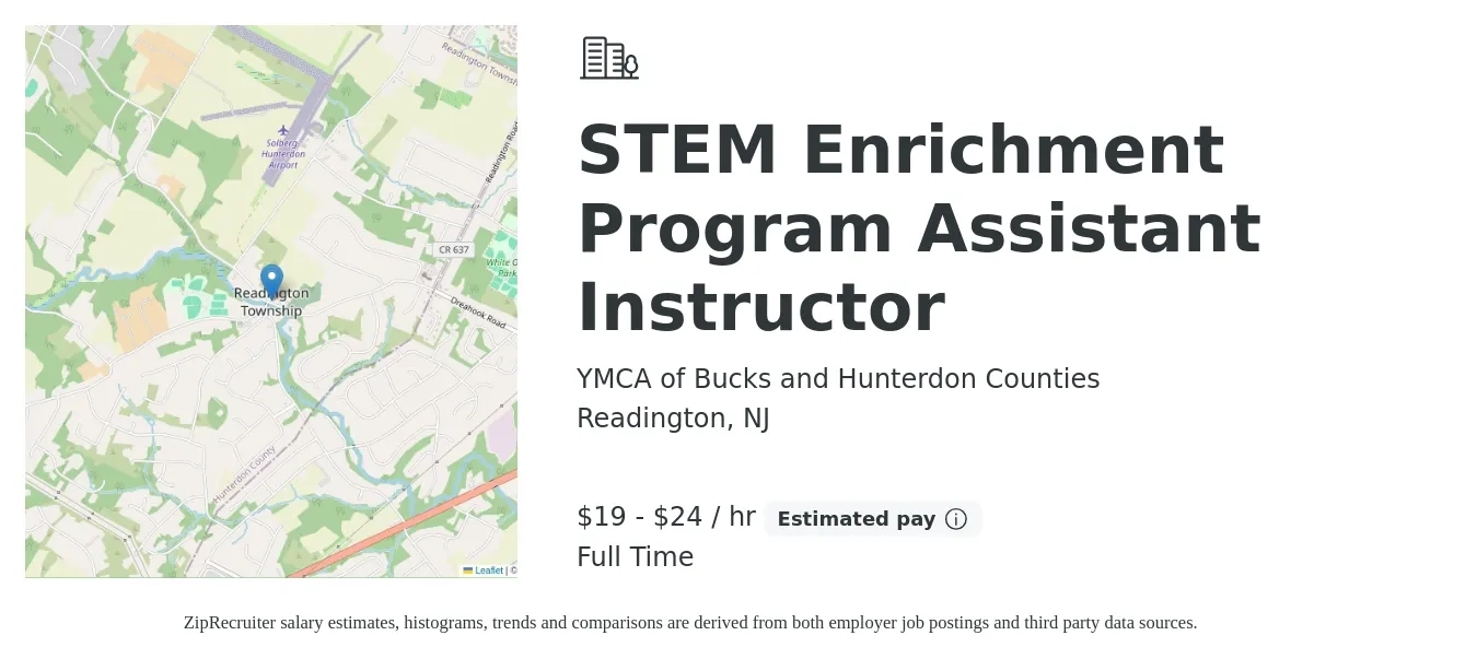 YMCA of Bucks and Hunterdon Counties job posting for a STEM Enrichment Program Assistant Instructor in Readington, NJ with a salary of $20 to $25 Hourly with a map of Readington location.