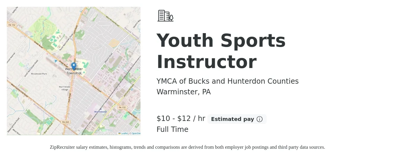 YMCA of Bucks and Hunterdon Counties job posting for a Youth Sports Instructor in Warminster, PA with a salary of $10 to $13 Hourly with a map of Warminster location.