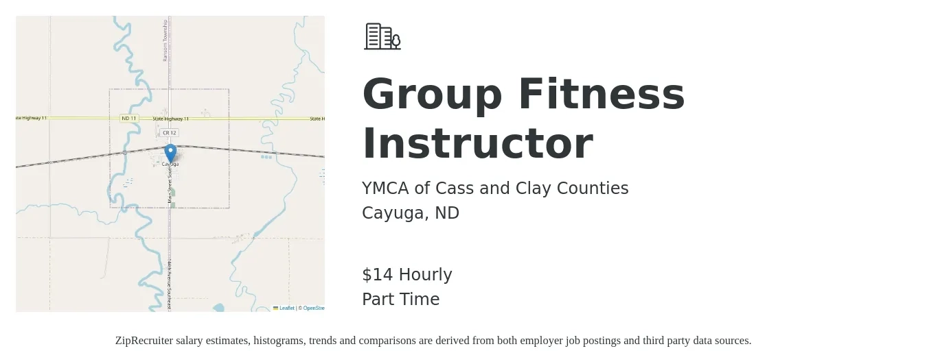 YMCA of Cass and Clay Counties job posting for a Group Fitness Instructor in Cayuga, ND with a salary of $15 Hourly with a map of Cayuga location.