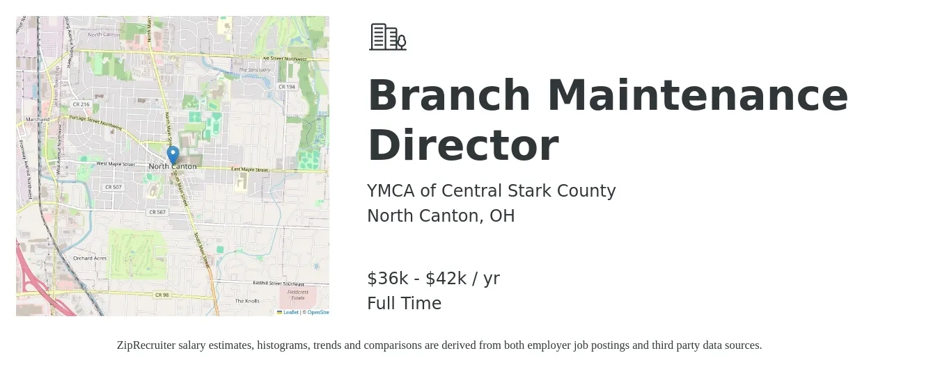 YMCA of Central Stark County job posting for a Branch Maintenance Director in North Canton, OH with a salary of $36,000 to $42,000 Yearly with a map of North Canton location.
