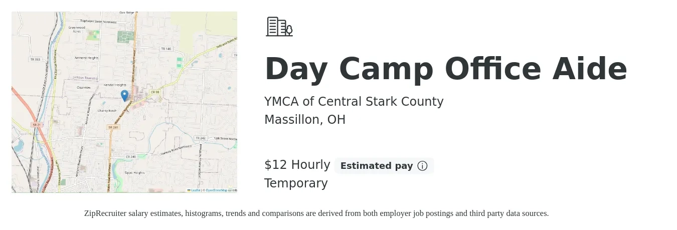 YMCA of Central Stark County job posting for a Day Camp Office Aide in Massillon, OH with a salary of $13 to $14 Hourly with a map of Massillon location.