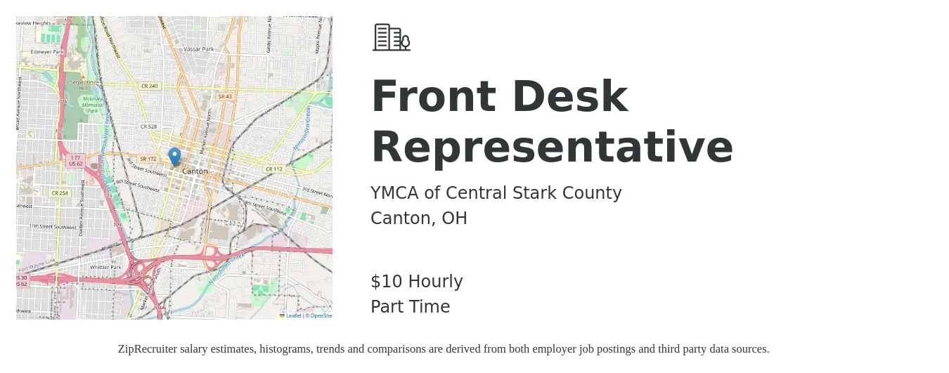 YMCA of Central Stark County job posting for a Front Desk Representative in Canton, OH with a salary of $11 to $12 Hourly with a map of Canton location.