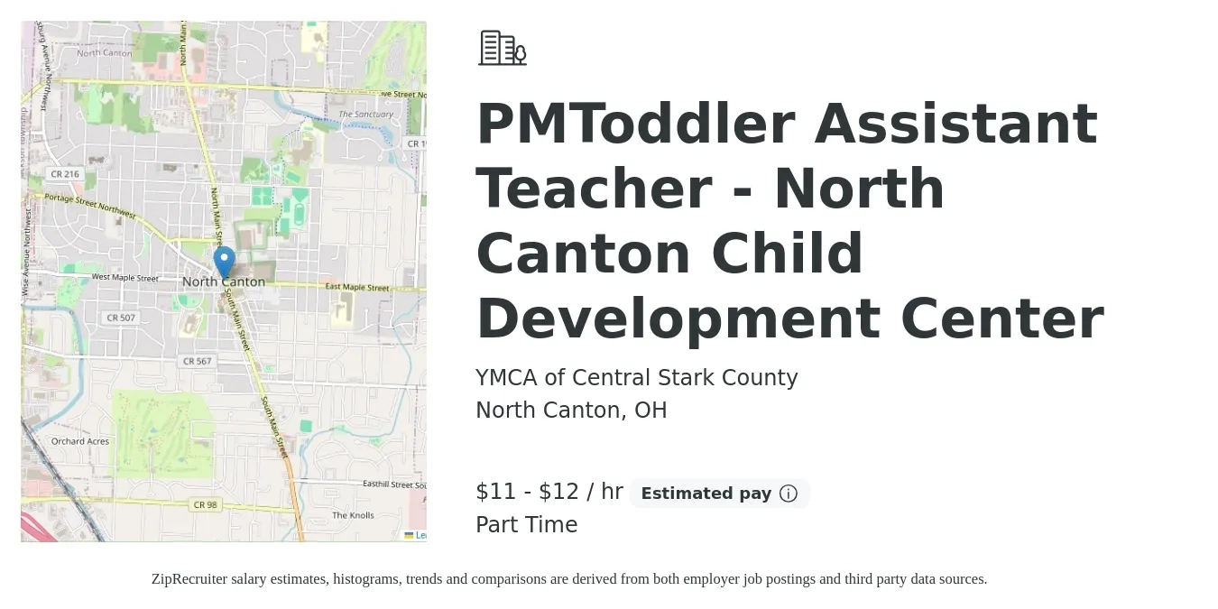 YMCA of Central Stark County job posting for a PMToddler Assistant Teacher - North Canton Child Development Center in North Canton, OH with a salary of $12 to $14 Hourly with a map of North Canton location.