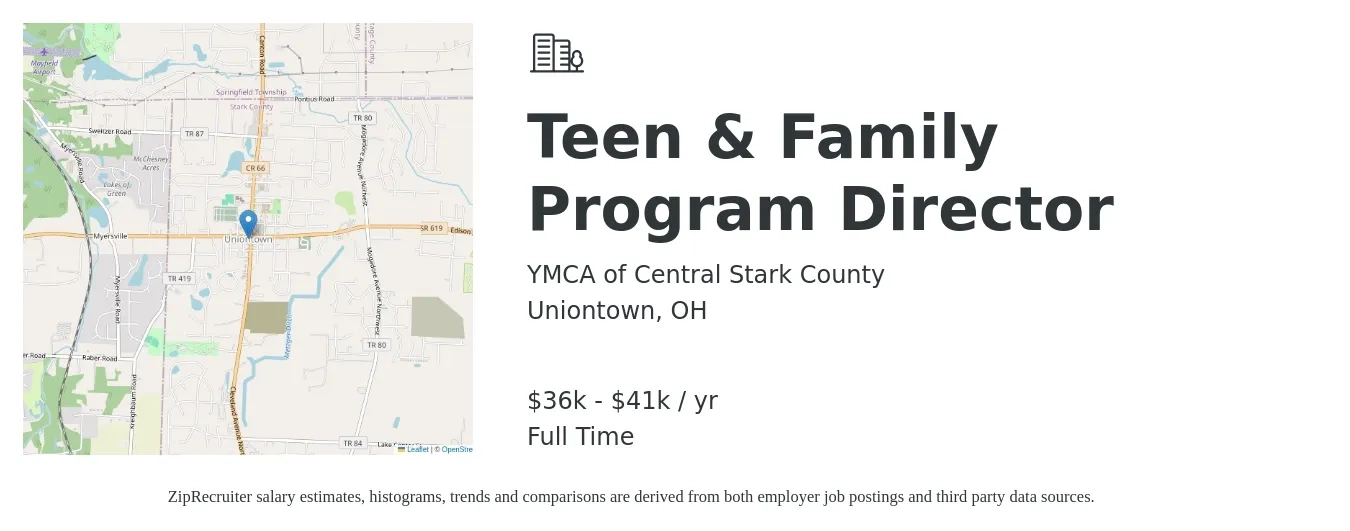 YMCA of Central Stark County job posting for a Teen & Family Program Director in Uniontown, OH with a salary of $36,000 to $41,000 Yearly with a map of Uniontown location.