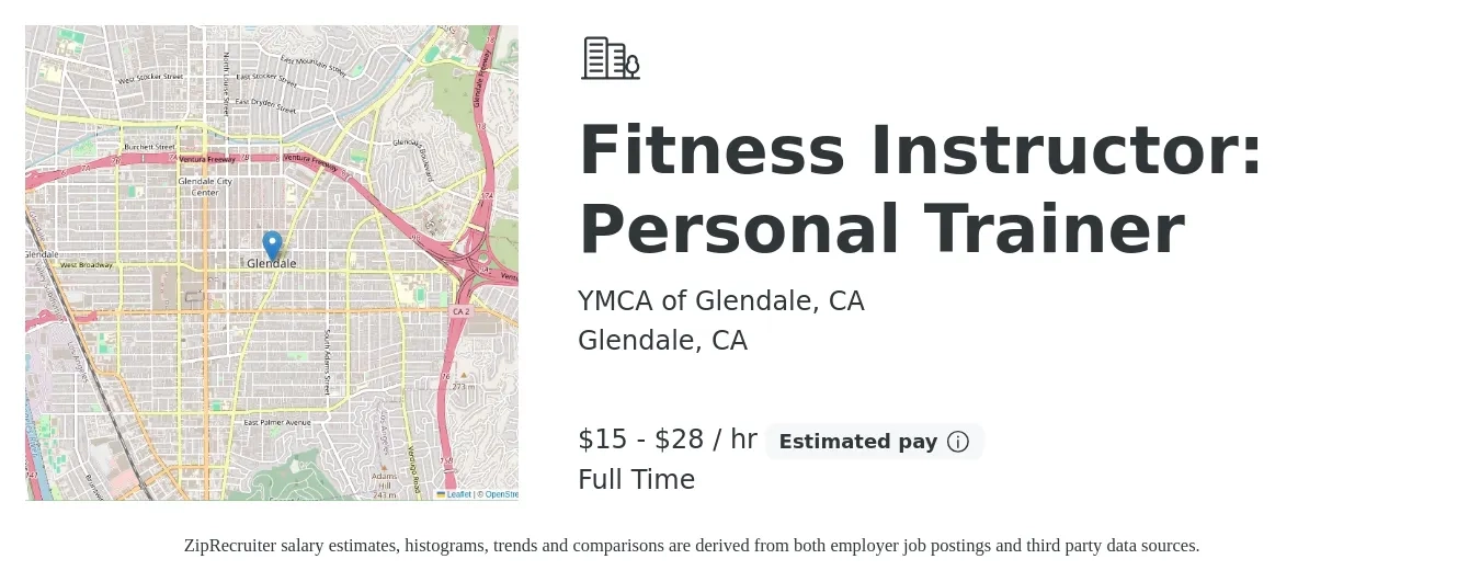 YMCA of Glendale, CA job posting for a Fitness Instructor: Personal Trainer in Glendale, CA with a salary of $23 to $37 Hourly with a map of Glendale location.