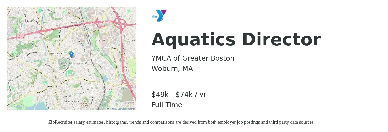 YMCA of Greater Boston job posting for a Aquatics Director in Woburn, MA with a salary of $49,556 to $74,333 Yearly with a map of Woburn location.