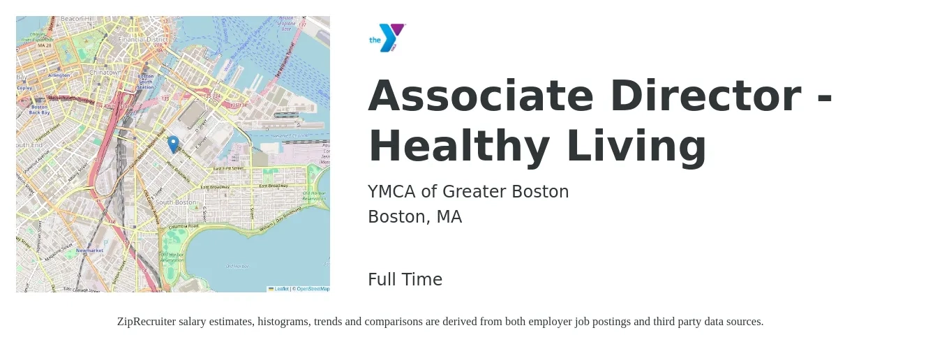 YMCA of Greater Boston job posting for a Associate Director - Healthy Living in Boston, MA with a salary of $76,000 to $153,200 Yearly with a map of Boston location.