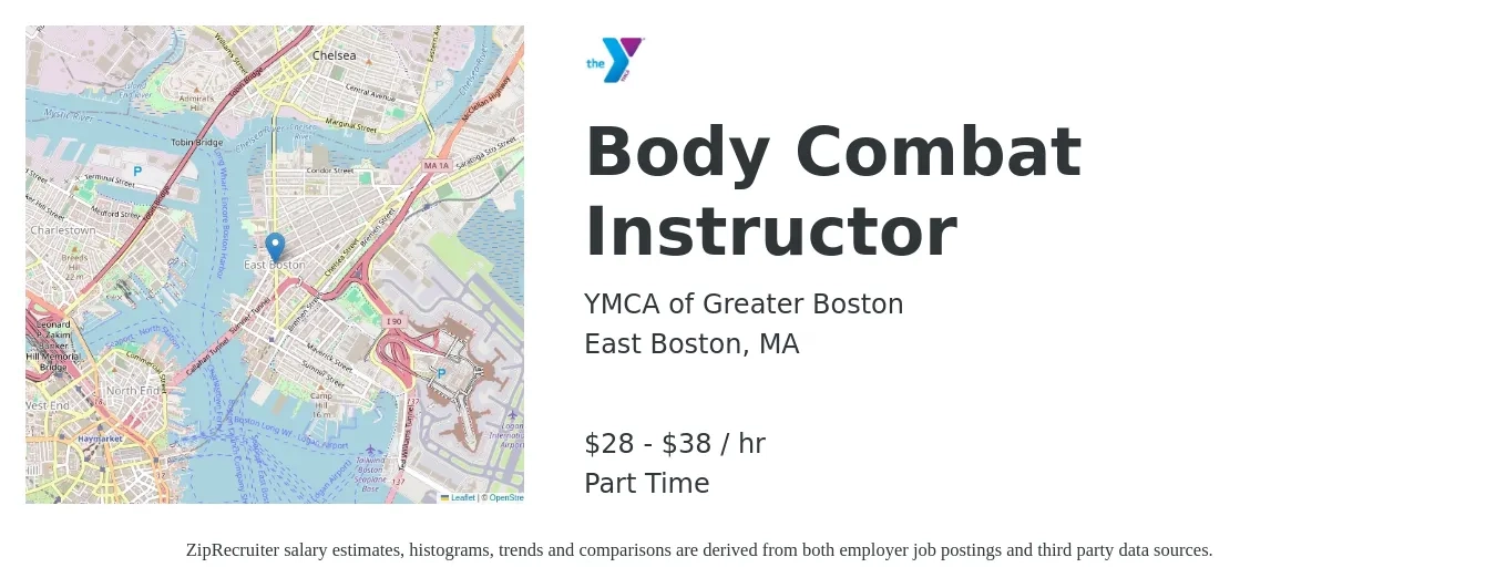 YMCA of Greater Boston job posting for a Body Combat Instructor in East Boston, MA with a salary of $30 to $40 Hourly with a map of East Boston location.