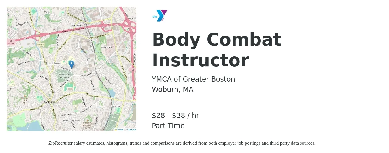YMCA of Greater Boston job posting for a Body Combat Instructor in Woburn, MA with a salary of $30 to $40 Hourly with a map of Woburn location.