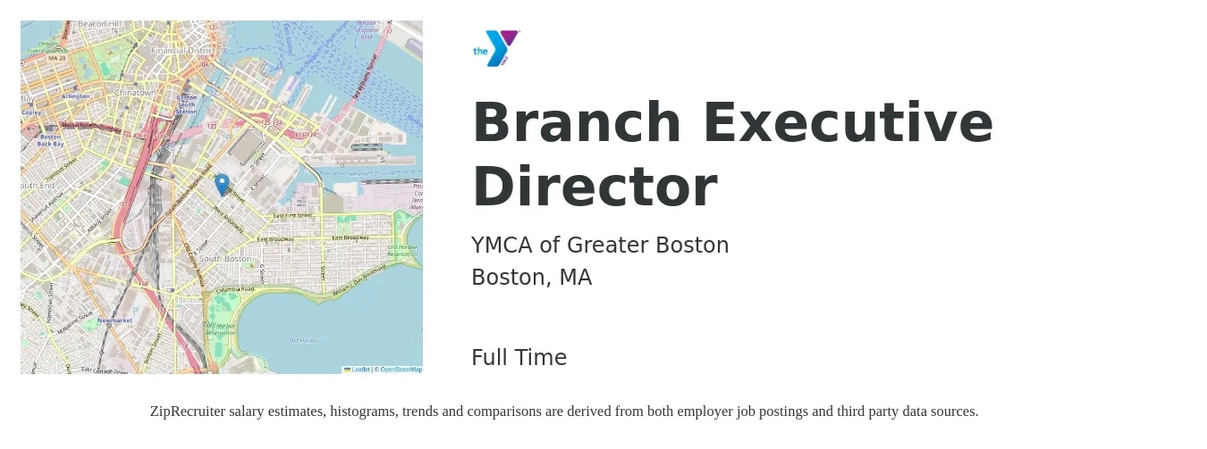 YMCA of Greater Boston job posting for a Branch Executive Director in Boston, MA with a salary of $73,300 to $135,800 Yearly with a map of Boston location.