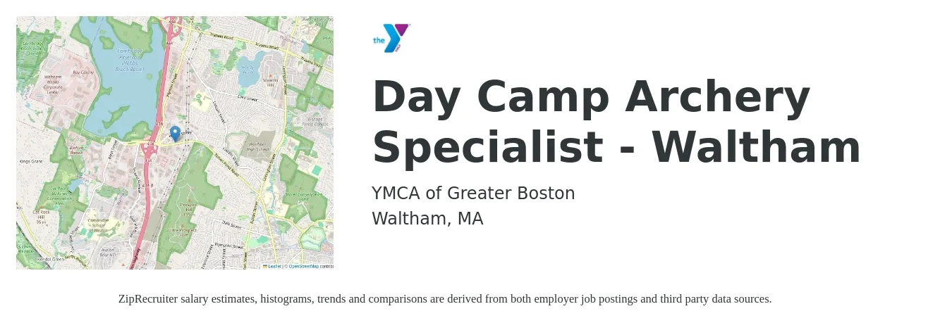 YMCA of Greater Boston job posting for a Day Camp Archery Specialist - Waltham in Waltham, MA with a salary of $16 to $20 Hourly with a map of Waltham location.
