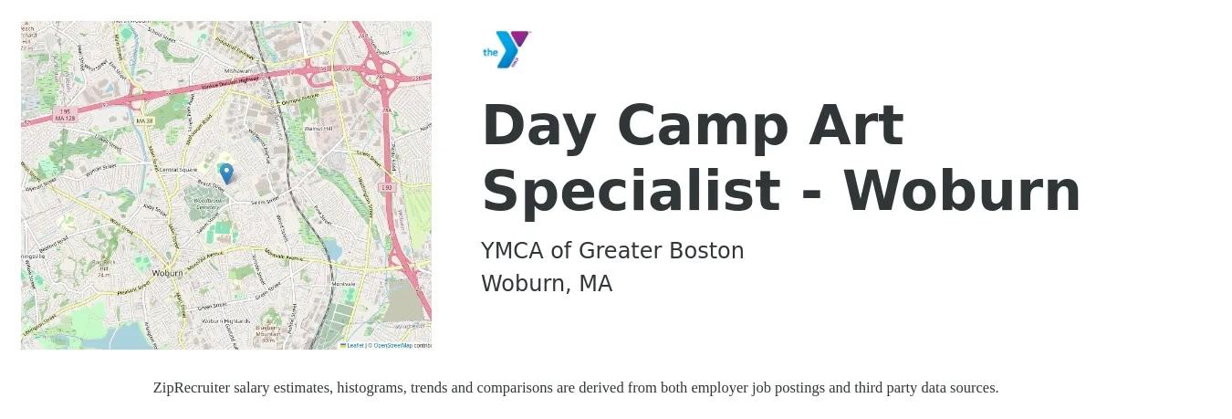 YMCA of Greater Boston job posting for a Day Camp Art Specialist - Woburn in Woburn, MA with a salary of $16 to $20 Hourly with a map of Woburn location.