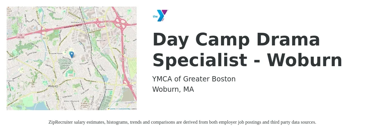 YMCA of Greater Boston job posting for a Day Camp Drama Specialist - Woburn in Woburn, MA with a salary of $16 to $20 Hourly with a map of Woburn location.