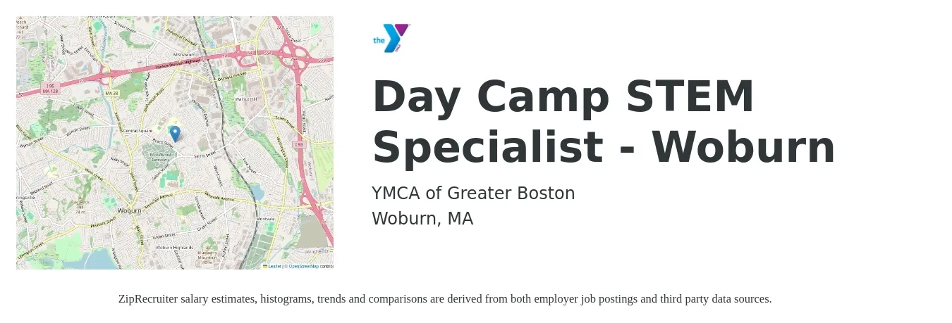 YMCA of Greater Boston job posting for a Day Camp STEM Specialist - Woburn in Woburn, MA with a salary of $16 to $20 Hourly with a map of Woburn location.
