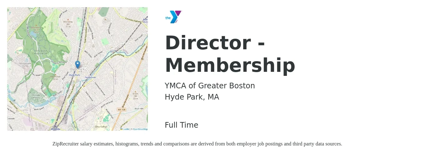 YMCA of Greater Boston job posting for a Director - Membership in Hyde Park, MA with a salary of $41,900 to $62,300 Yearly with a map of Hyde Park location.