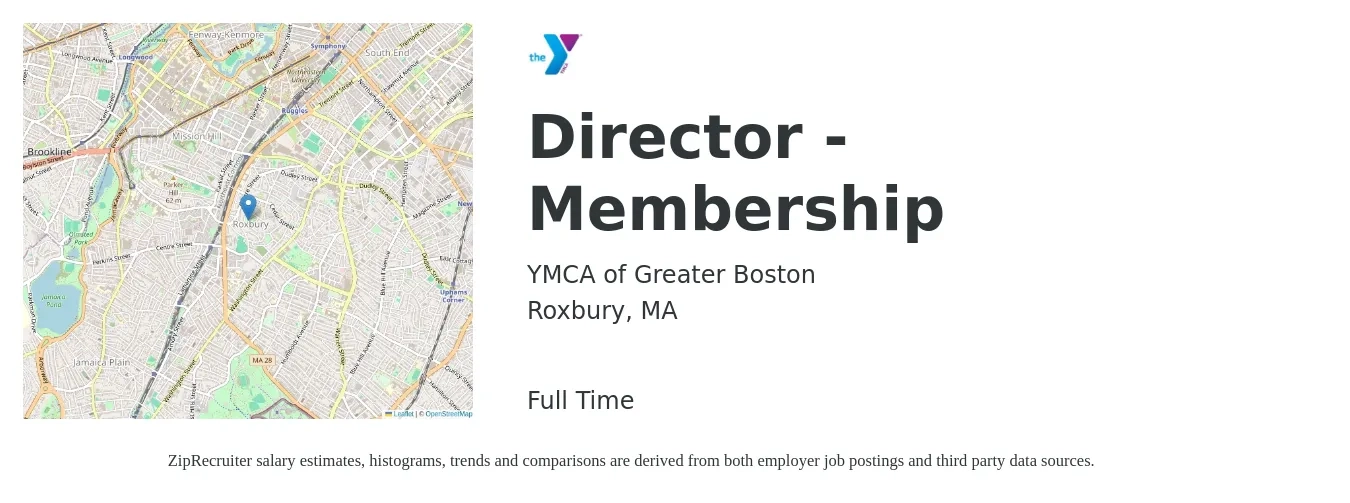 YMCA of Greater Boston job posting for a Director - Membership in Roxbury, MA with a salary of $44,500 to $66,200 Yearly with a map of Roxbury location.