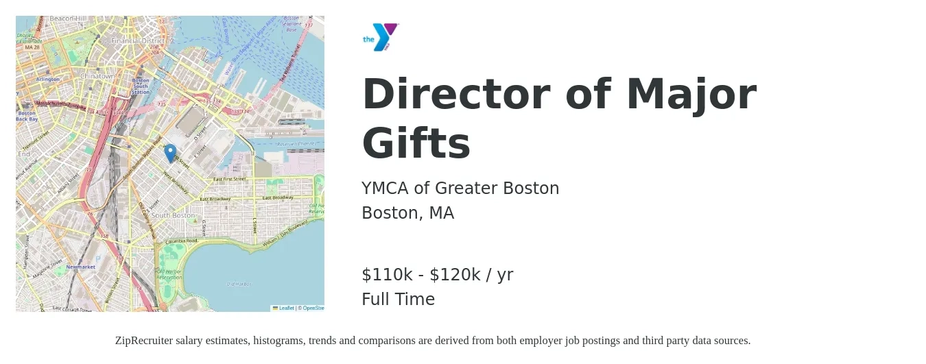 YMCA of Greater Boston job posting for a Director of Major Gifts in Boston, MA with a salary of $110,000 to $120,000 Yearly with a map of Boston location.