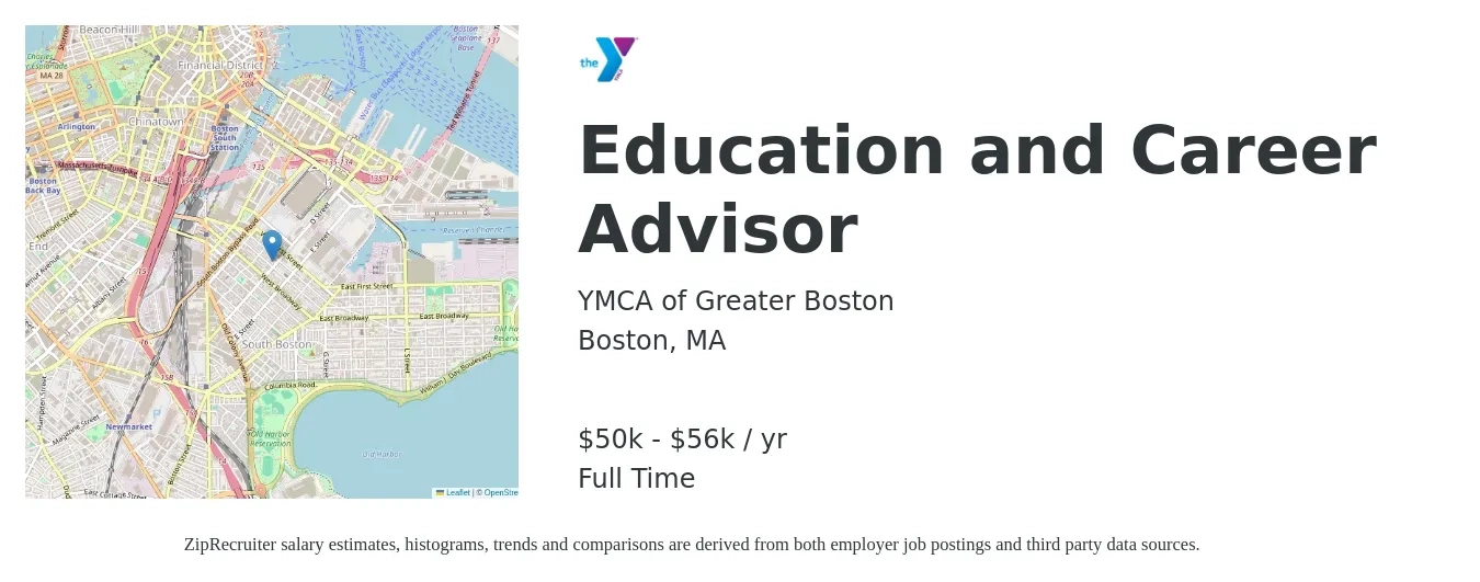 YMCA of Greater Boston job posting for a Education and Career Advisor in Boston, MA with a salary of $23 to $30 Hourly with a map of Boston location.