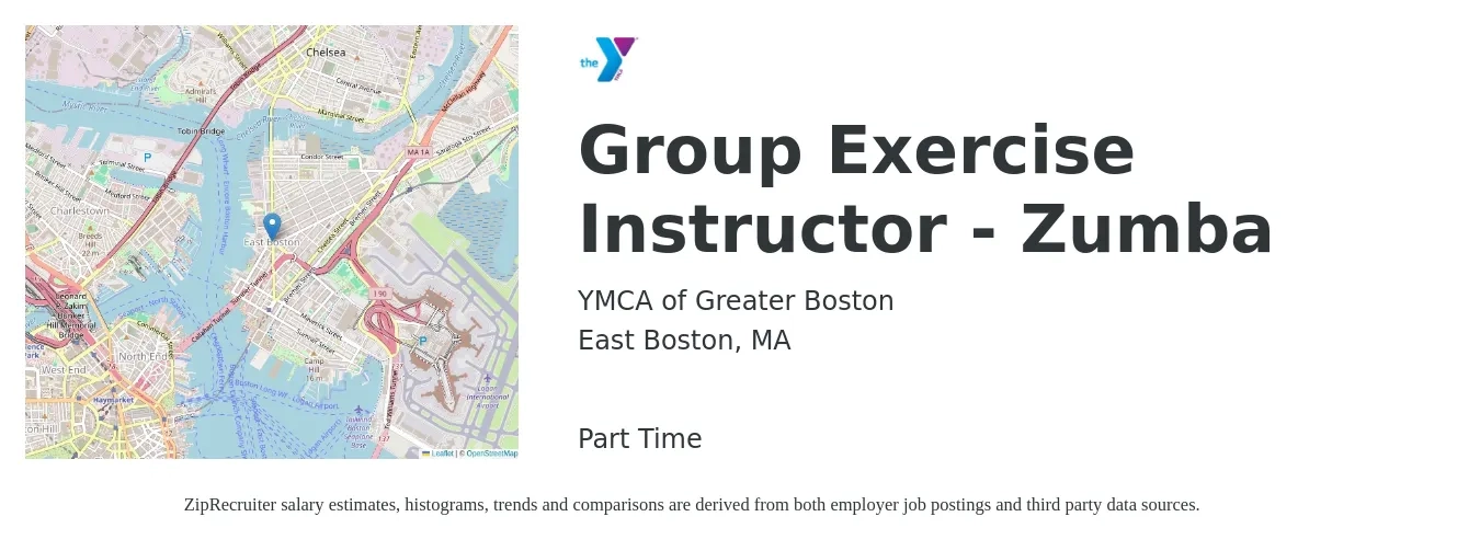 YMCA of Greater Boston job posting for a Group Exercise Instructor - Zumba in East Boston, MA with a salary of $20 to $32 Hourly with a map of East Boston location.