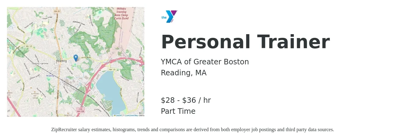 YMCA of Greater Boston job posting for a Personal Trainer in Reading, MA with a salary of $30 to $38 Hourly with a map of Reading location.
