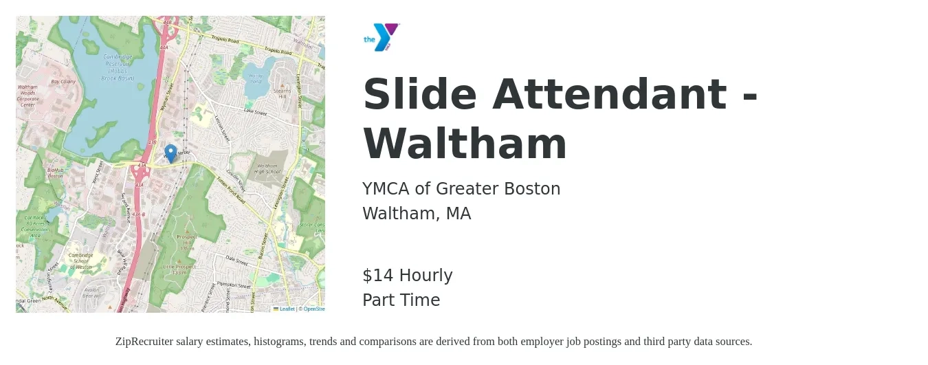 YMCA of Greater Boston job posting for a Slide Attendant - Waltham in Waltham, MA with a salary of $15 Hourly with a map of Waltham location.