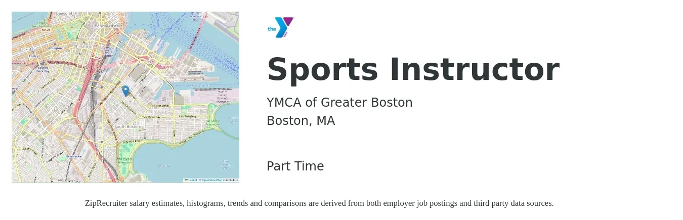 YMCA of Greater Boston job posting for a Sports Instructor in Boston, MA with a salary of $17 to $26 Hourly with a map of Boston location.