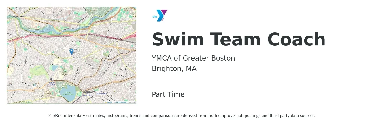 YMCA of Greater Boston job posting for a Swim Team Coach in Brighton, MA with a salary of $16 to $24 Hourly with a map of Brighton location.