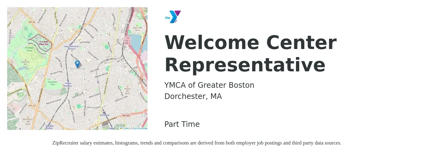 YMCA of Greater Boston job posting for a Welcome Center Representative in Dorchester, MA with a salary of $13 to $21 Hourly with a map of Dorchester location.
