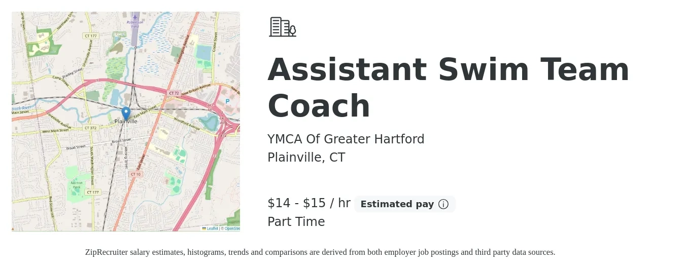 YMCA Of Greater Hartford job posting for a Assistant Swim Team Coach in Plainville, CT with a salary of $15 to $16 Hourly with a map of Plainville location.
