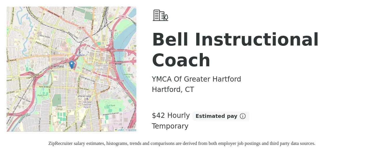 YMCA Of Greater Hartford job posting for a Bell Instructional Coach in Hartford, CT with a salary of $44 Hourly with a map of Hartford location.