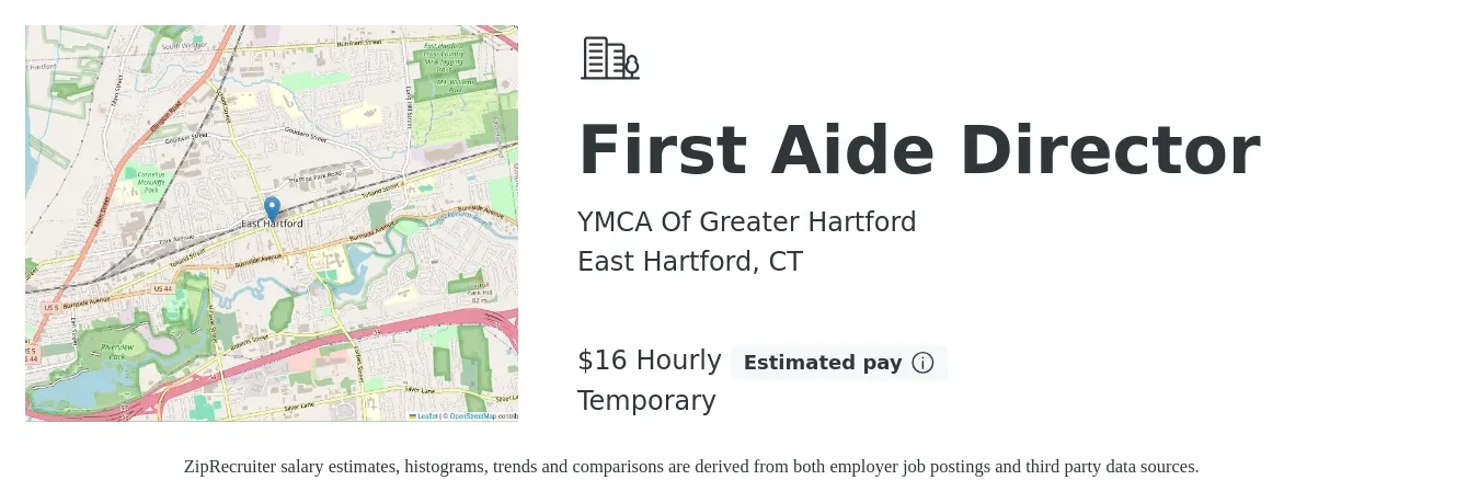 YMCA Of Greater Hartford job posting for a First Aide Director in East Hartford, CT with a salary of $17 Hourly with a map of East Hartford location.