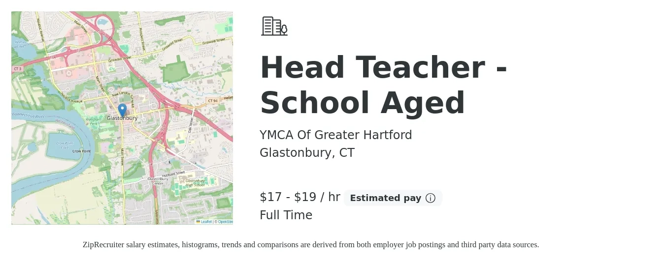 YMCA Of Greater Hartford job posting for a Head Teacher - School Aged in Glastonbury, CT with a salary of $18 to $20 Hourly with a map of Glastonbury location.