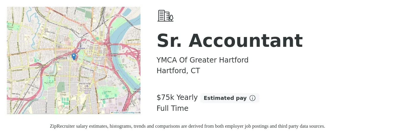 YMCA Of Greater Hartford job posting for a Sr. Accountant in Hartford, CT with a salary of $75,000 Yearly with a map of Hartford location.