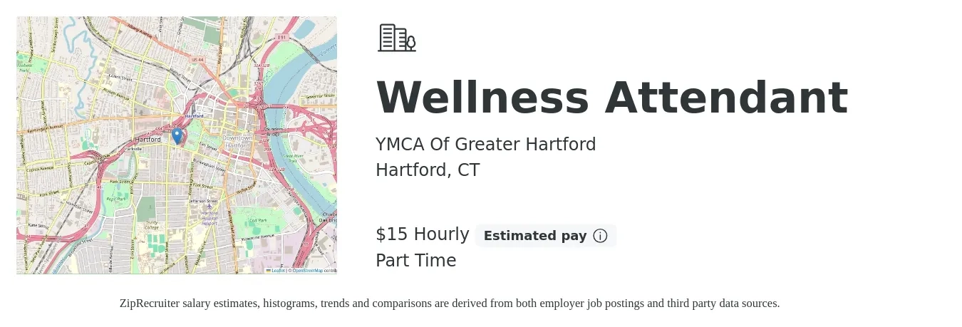 YMCA Of Greater Hartford job posting for a Wellness Attendant in Hartford, CT with a salary of $16 Hourly with a map of Hartford location.