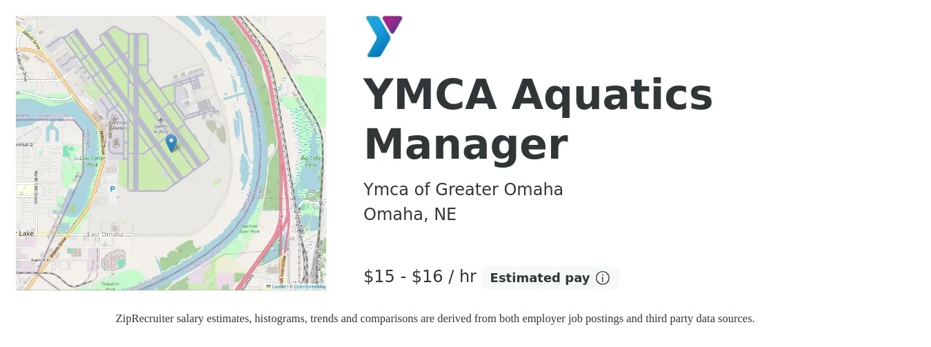 Ymca of Greater Omaha job posting for a YMCA Aquatics Manager in Omaha, NE with a salary of $16 to $17 Hourly with a map of Omaha location.