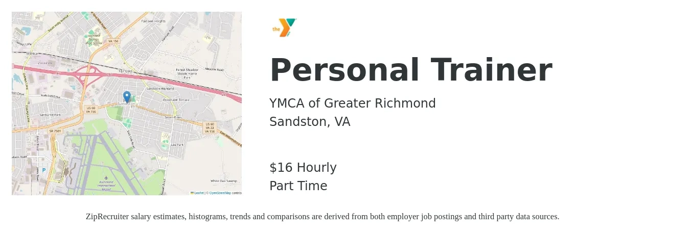 YMCA of Greater Richmond job posting for a Personal Trainer in Sandston, VA with a salary of $17 Hourly with a map of Sandston location.