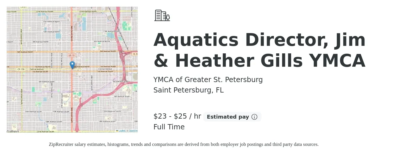 YMCA of Greater St. Petersburg job posting for a Aquatics Director, Jim & Heather Gills YMCA in Saint Petersburg, FL with a salary of $50,000 to $55,000 Yearly with a map of Saint Petersburg location.