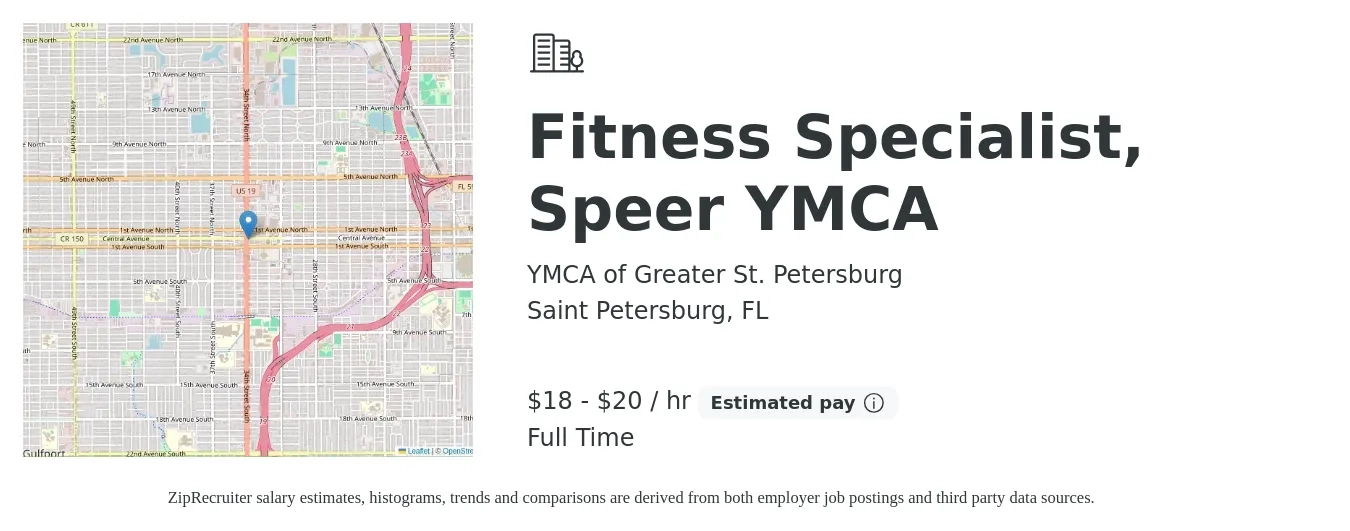 YMCA of Greater St. Petersburg job posting for a Fitness Specialist, Speer YMCA in Saint Petersburg, FL with a salary of $19 to $21 Hourly with a map of Saint Petersburg location.