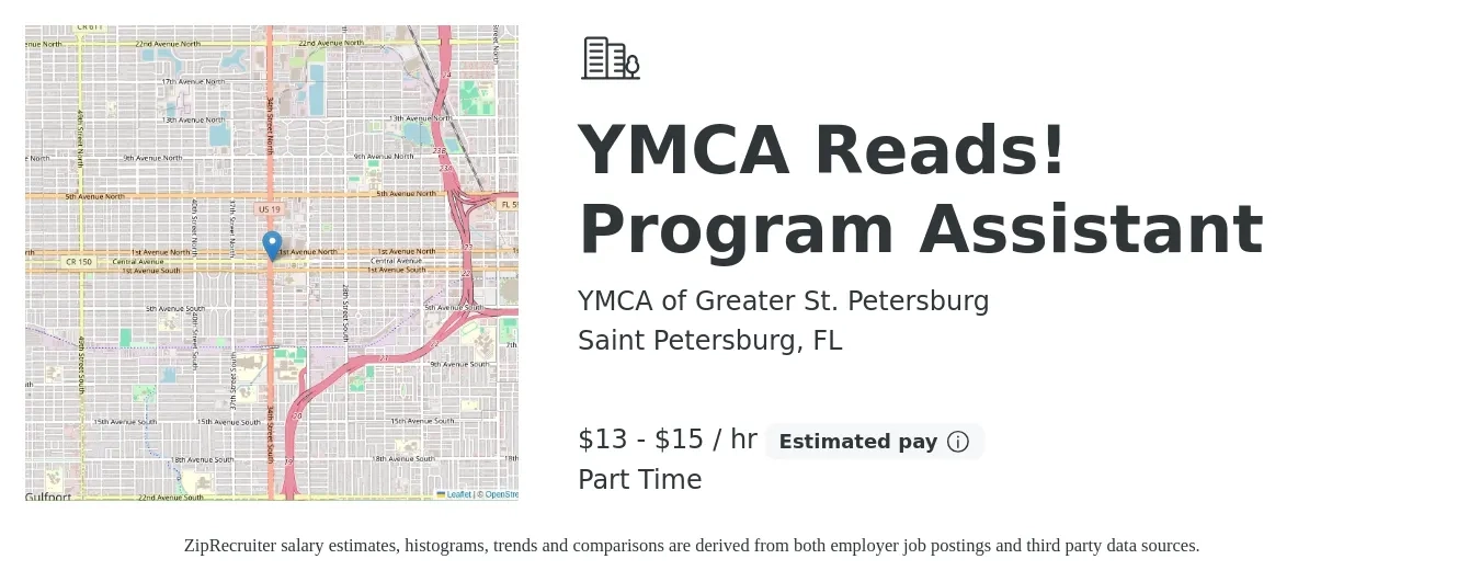 YMCA of Greater St. Petersburg job posting for a YMCA Reads Program Assistant in Saint Petersburg, FL with a salary of $14 to $16 Hourly with a map of Saint Petersburg location.