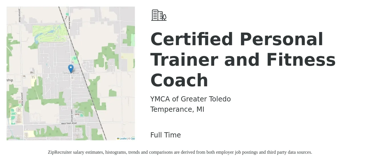 YMCA of Greater Toledo job posting for a Certified Personal Trainer and Fitness Coach in Temperance, MI with a salary of $18 to $30 Hourly with a map of Temperance location.