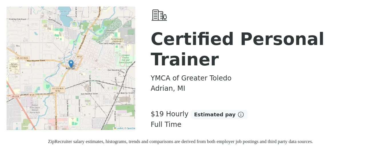 YMCA of Greater Toledo job posting for a Certified Personal Trainer in Adrian, MI with a salary of $20 Hourly with a map of Adrian location.