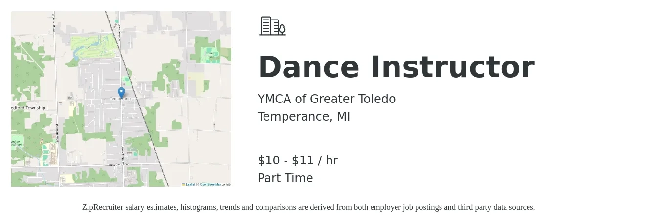 YMCA of Greater Toledo job posting for a Dance Instructor in Temperance, MI with a salary of $10 to $12 Hourly with a map of Temperance location.