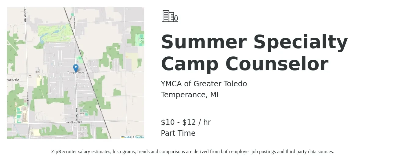YMCA of Greater Toledo job posting for a Summer Specialty Camp Counselor in Temperance, MI with a salary of $11 to $12 Hourly with a map of Temperance location.