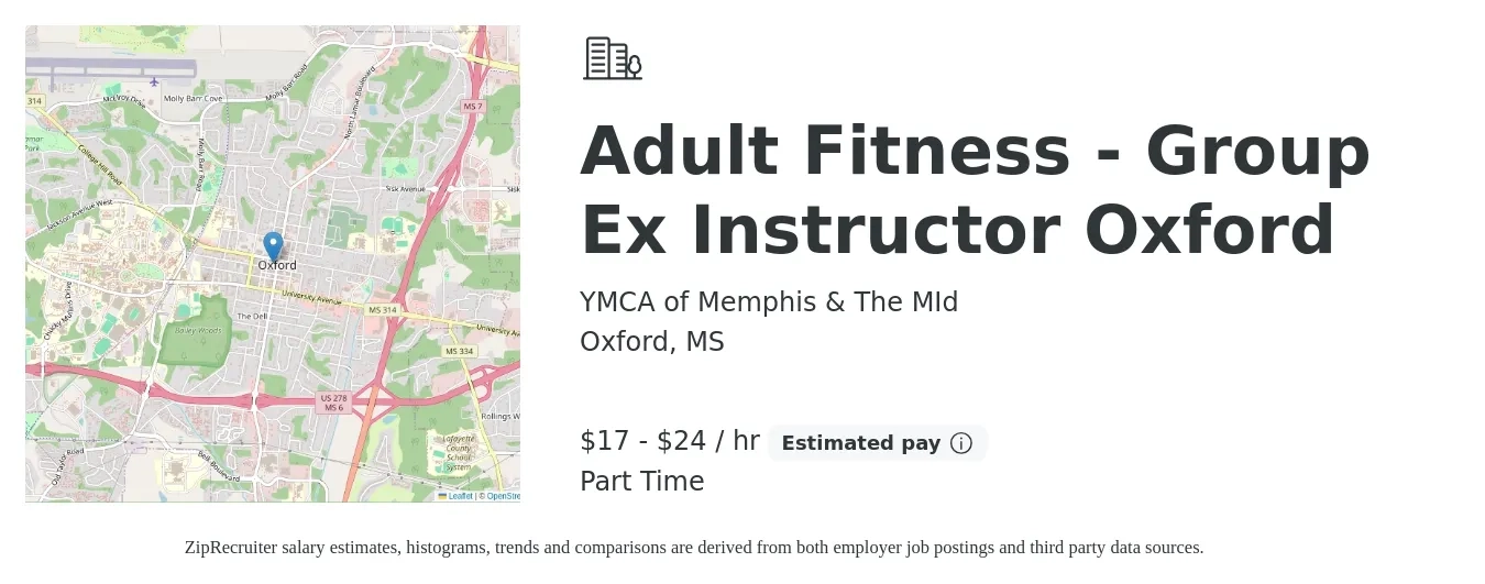 YMCA of Memphis & The MId job posting for a Adult Fitness - Group Ex Instructor Oxford in Oxford, MS with a salary of $18 to $25 Hourly with a map of Oxford location.