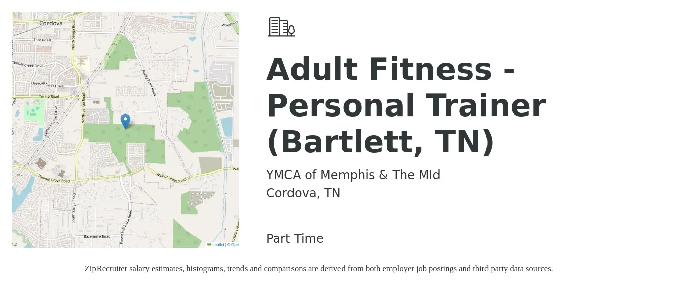 YMCA of Memphis & The MId job posting for a Adult Fitness - Personal Trainer (Bartlett, TN) in Cordova, TN with a salary of $18 to $28 Hourly with a map of Cordova location.