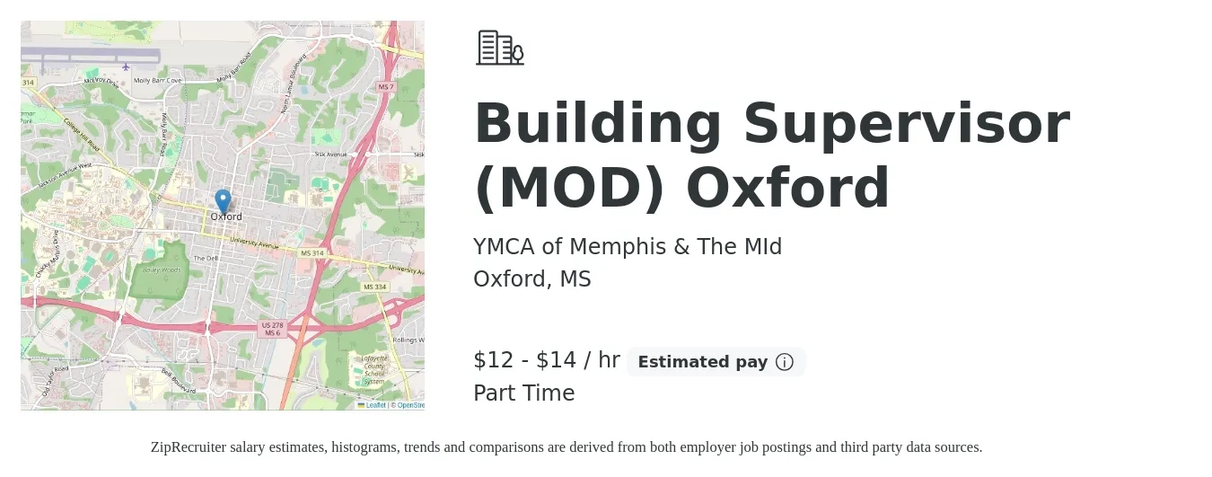 YMCA of Memphis & The MId job posting for a Building Supervisor (MOD) Oxford in Oxford, MS with a salary of $13 to $15 Hourly with a map of Oxford location.