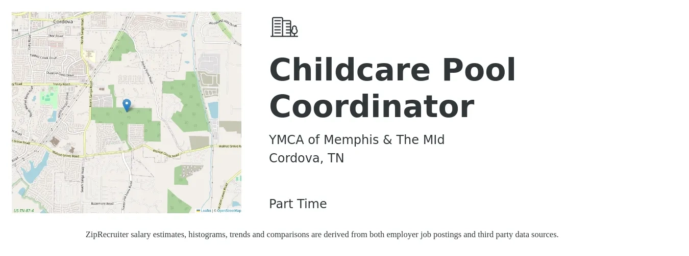 YMCA of Memphis & The MId job posting for a Childcare Pool Coordinator in Cordova, TN with a salary of $16 to $24 Hourly with a map of Cordova location.