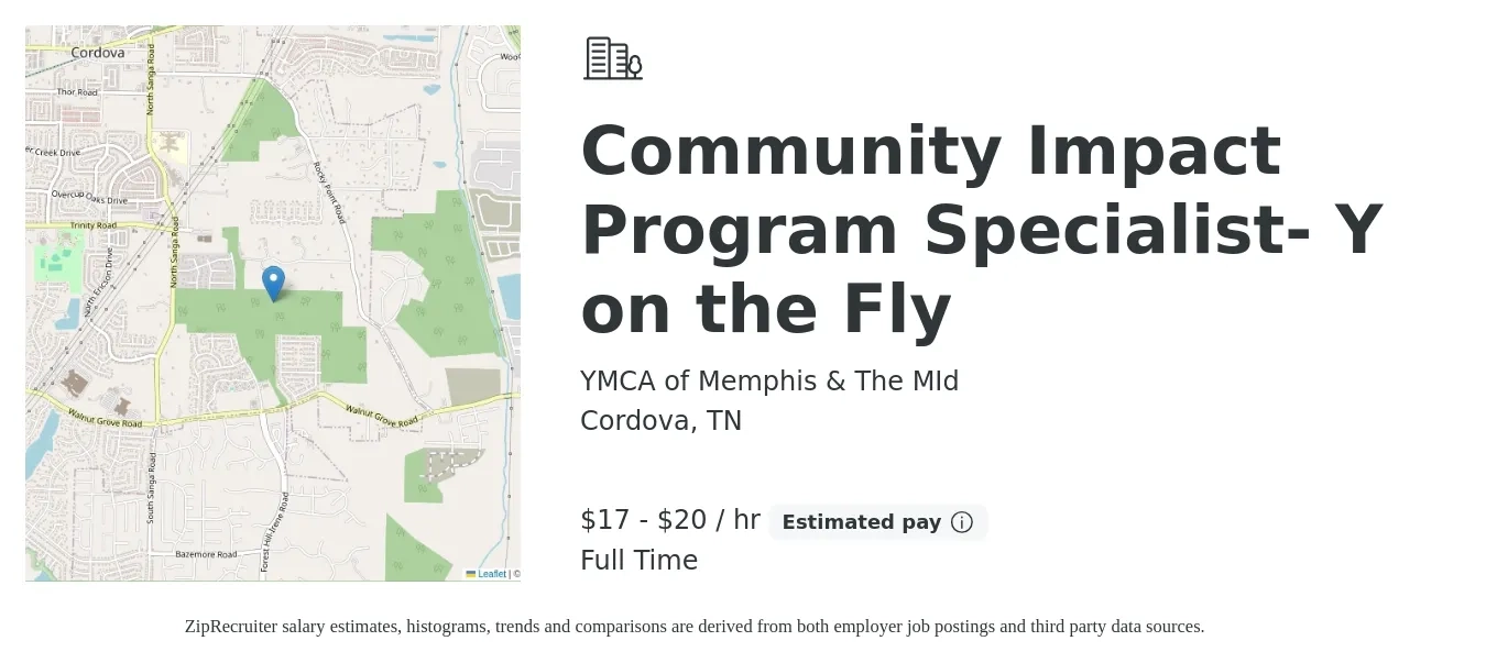 YMCA of Memphis & The MId job posting for a Community Impact Program Specialist- Y on the Fly in Cordova, TN with a salary of $40,200 to $74,300 Yearly with a map of Cordova location.